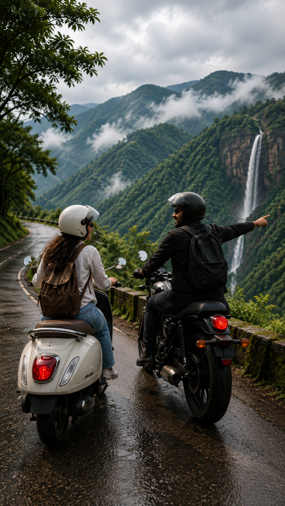 Rider and guide on misty mountain road
